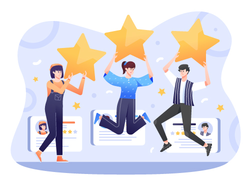 Three people holding stars representing customer reviews